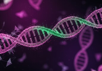 Green purple DNA double helix structure or molecule. Gene therapy, CRISPR gene editing. Treatment of blood cancer and hereditary diseases. Sustainable science, eco friendly technology. Copy space.