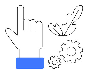 Hand with blue cuff pointing upward, leaf, two interlocking gears. Ideal for technology, innovation, sustainability, growth, teamwork eco-friendliness progress. Captures blend of natural elements