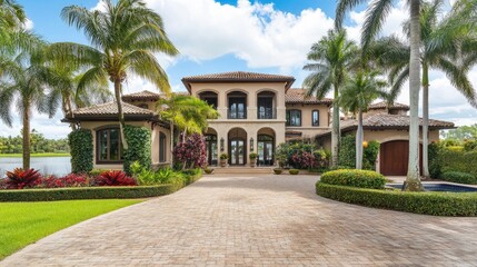 Luxury mansion with a grand entrance, large windows, and perfectly landscaped surroundings.