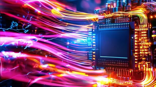 A vibrant, abstract representation of a microchip with colorful light trails, symbolizing data processing and technology. - Powered by Adobe