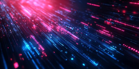 Fototapeta premium Digital data streams flow, glowing pink blue, dark background, tech website banner
