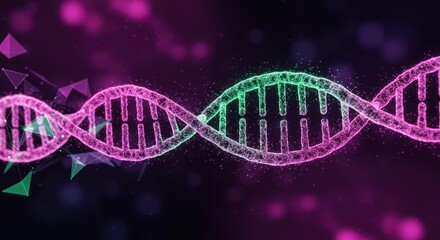Fototapeta premium Green purple DNA double helix structure or molecule. Gene therapy, CRISPR gene editing. Treatment of blood cancer and hereditary diseases. Sustainable science, eco friendly technology. Copy space.