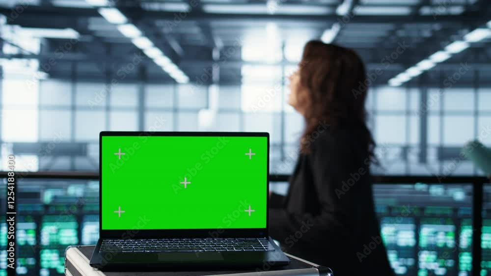 Poster green screen laptop in front of data center engineers in blurry background calibrating energy usage,