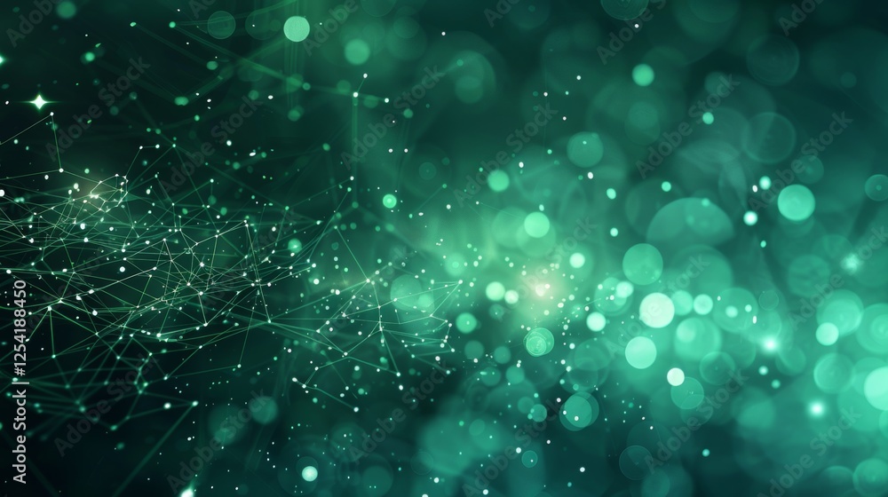 Poster a vibrant green digital landscape featuring luminous lines and particles, representing data flow and