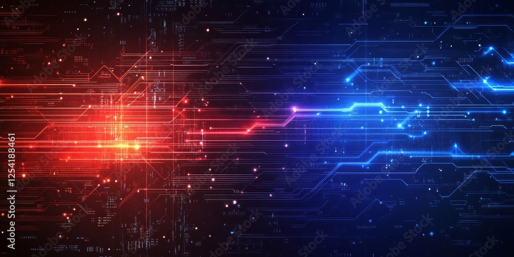 Poster digital circuitry flow, red blue data stream, tech background