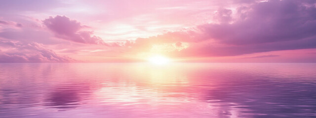 Serene sunset over tranquil ocean waters, illuminated by vibrant pink and purple hues, creating a calming and peaceful atmosphere.