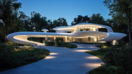Smart home with a sleek futuristic design, illuminated pathways, and a crisp blue sky.