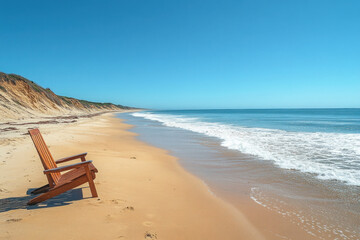 Obraz premium Wooden chair on beach near ocean, serene and lonely, with gentle waves breaking in the background.