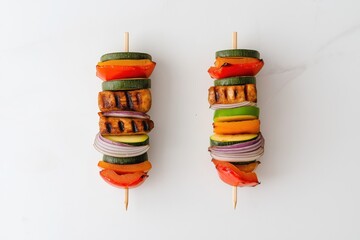 Grilled chicken and vegetable skewers served on a wooden skewer for a healthy summer barbecue