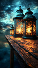 Fototapeta premium Glowing Lanterns On Wooden Table At Dramatic Sunset