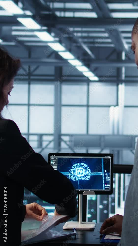 Poster vertical video manager meeting with client in data center to review files, doing handshake after fin