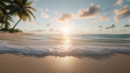 Sunrise over a tropical beach with gentle waves, golden sand, and palm trees swaying.