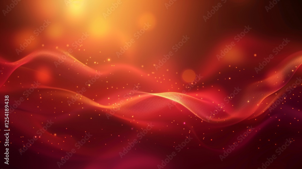 Poster a striking abstract background with golden and red wave patterns, enhanced by luminous bokeh effects