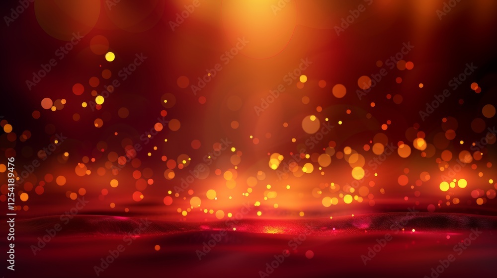 Poster a striking abstract background with golden and red wave patterns, enhanced by luminous bokeh effects