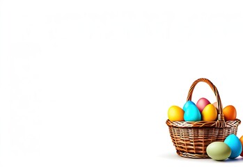 Fototapeta premium Colorful Easter eggs in a wicker basket on a white background with copy space
