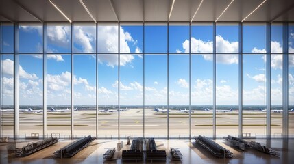 View from a glass-walled terminal waiting area overlooking the airport runway.