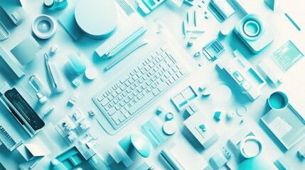 A top-down view of various office and tech items arranged in a minimalist style.