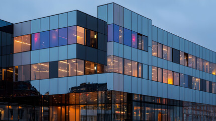 Fototapeta premium Modern glass office building at dusk, city reflection, urban backdrop, corporate use