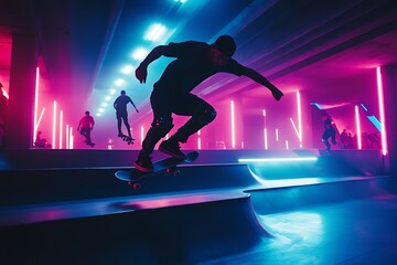 Neon urban skate park at night, with skateboarders performing tricks under neon lights, adding a dynamic and youthful vibe.