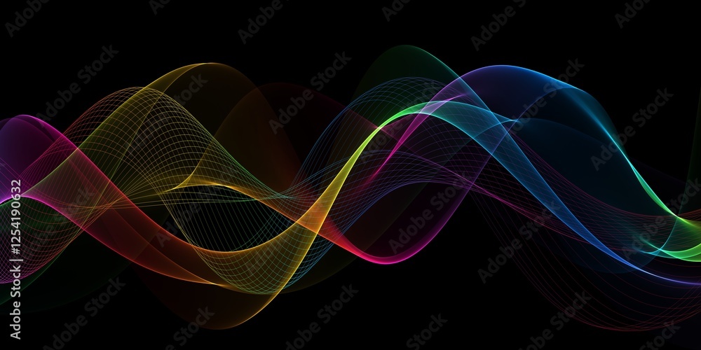 Poster vibrant sound waves in abstract colorful motion on dark background - dynamic data visualization and 