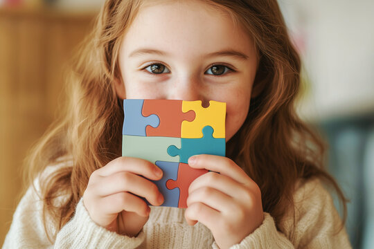A Happy Girl Playing with Colorful Puzzle Pieces World Autism Awareness Day - Powered by Adobe