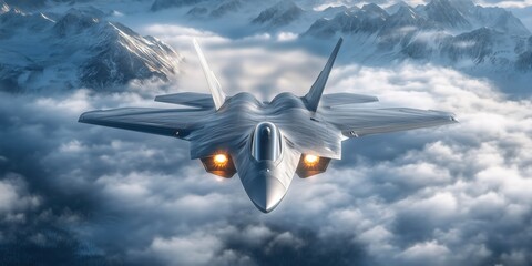warplane flying over an icy mountain range, showcasing cutting-edge military aviation with precision