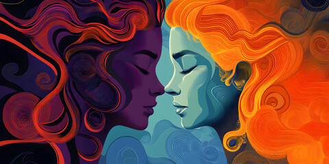 Obraz premium Vibrant Abstract Art Digital Illustration: Contrast Colors Highlight Love & Emotional Connection in Symmetrical Face Silhouettes