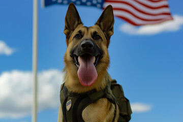 German Shepherd dog with tongue out in front of sky and flag, wearing vest and looking alert