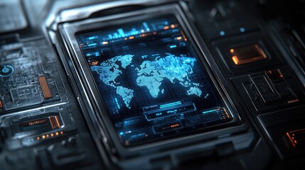Fototapeta premium A futuristic digital map displaying global data and analytics on a high-tech interface.