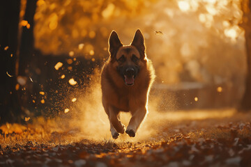 Energetic German Shepherd running through autumn leaves in a sunny forest capture