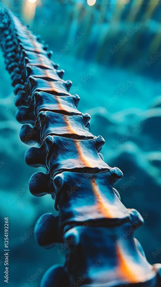 Poster intricate details of a vertebrae displayed in a captivating underwater environment with soft lightin