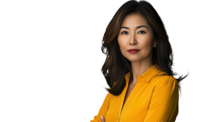 Confident asian businesswoman with folded arms on transparent background