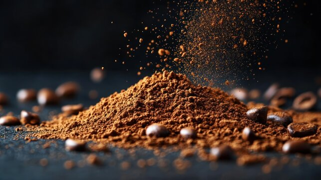 Coffee powder explosion on dark surface