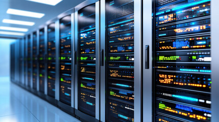 High tech server room with illuminated data storage units and cables