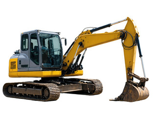 Excavator Heavy Machinery on Construction Site isolated on transparent background cutout