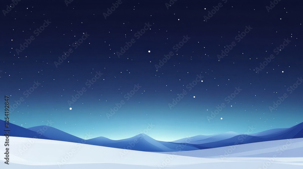 Poster vast snowy landscape under a clear night sky with twinkling stars and distant mountains in the backg