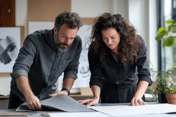 Two colleagues working together selecting fabric samples and examining blueprints in their bright, modern design studio, collaborating on an interior design project