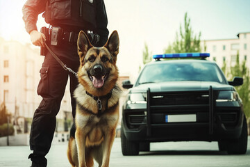 German Shepherd police dog with law enforcement officer and vehicle in action