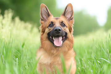 German Shepherd dog enjoying the outdoors in a grassy field with a happy and playful smile