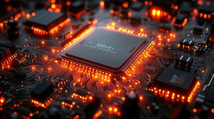 Close-up of a circuit board with glowing components, showcasing technology and innovation.