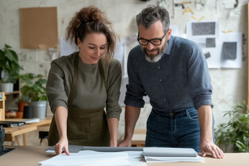 Two colleagues, an interior designer and her client, examining blueprints and fabric samples while working together on a new project in a bright, plant-filled studio