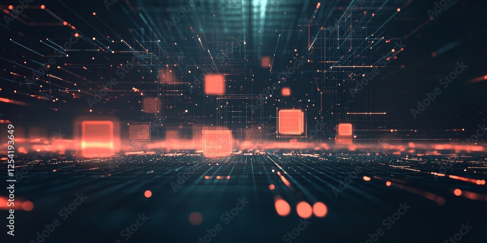 Poster digital data stream flowing, glowing cubes, network background, tech concept