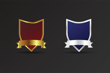 Luxurious golden and silver badge vector with ribbons and text space. Blank shield and badge element design with red and blue colors. Celebration or official badge vector on a dark background.