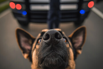 Curious German Shepherd Dog with Alert Nose Sniffing the Air on the Road