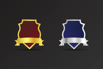 Shield shape vector for achievement, Subscriber, and Promotional design. Blank sheriff badge design with golden and silver colors. Luxurious official police badge vector with dark red and blue colors.