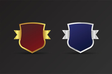 Shield shape badge vector with luxury red and blue colors. Simple sheriff badge design with golden and silver colors and ribbon. Blank badge element with text space on a dark background.