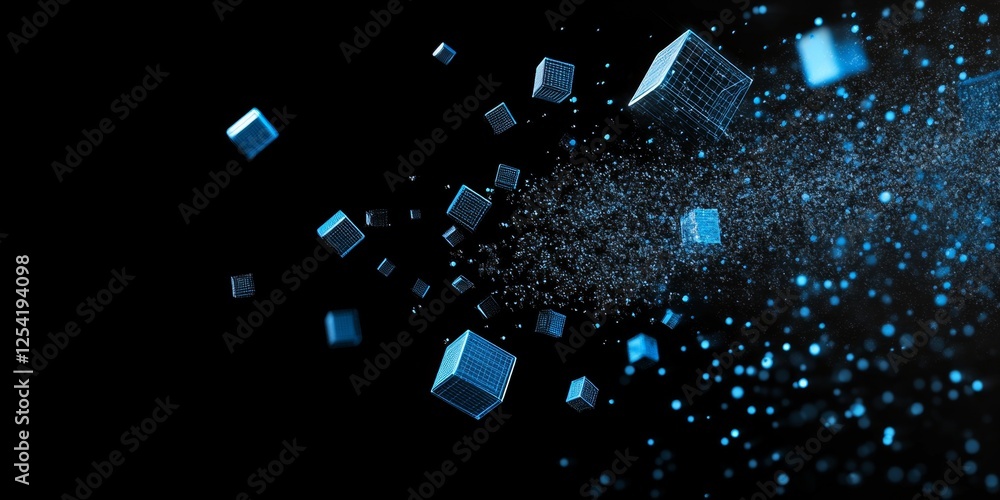 Poster blue cubes dispersing in dark space; data flow
