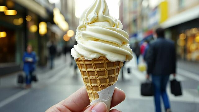 Enjoying a creamy soft serve ice cream cone on a bustling city street in sunny weather