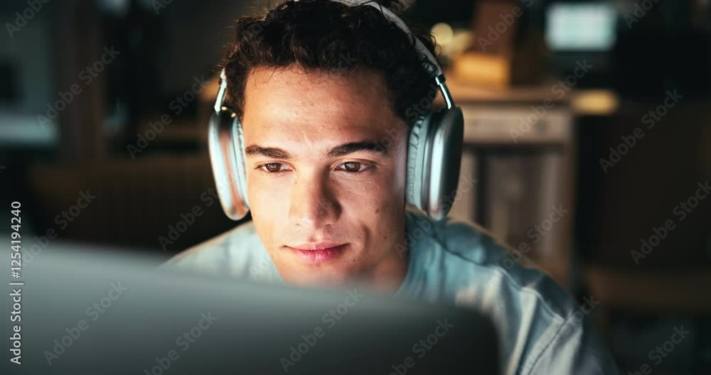 Fototapete Man, night and headphones for programming on computer in office, software developer and coding. Podcast, html process and listening to audio for web design deadline, cpr system update and streaming