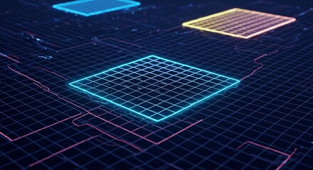Futuristic holographic grids with glowing edges and depth
